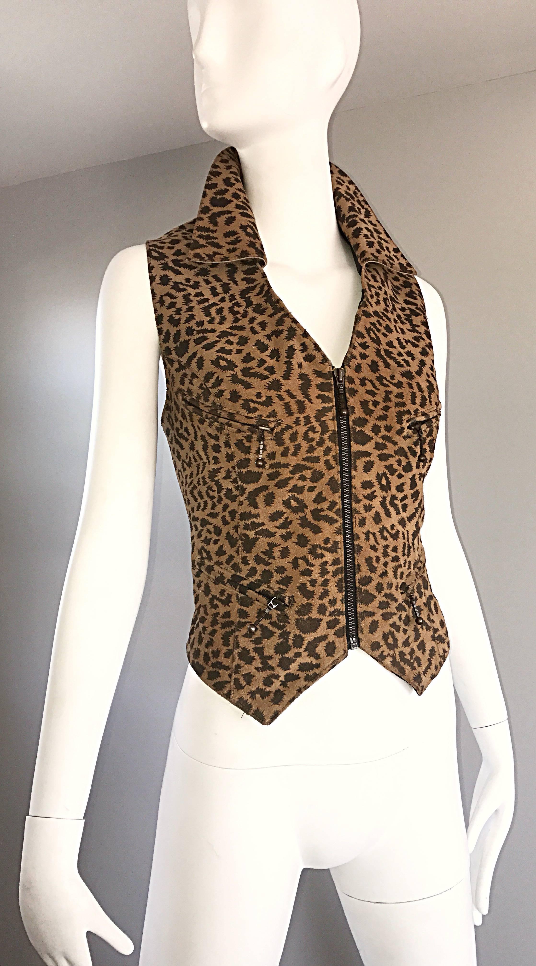 Brown 1990s Leopard Print Size Large Leather Suede 90s Vintage Cheetah Biker Vest