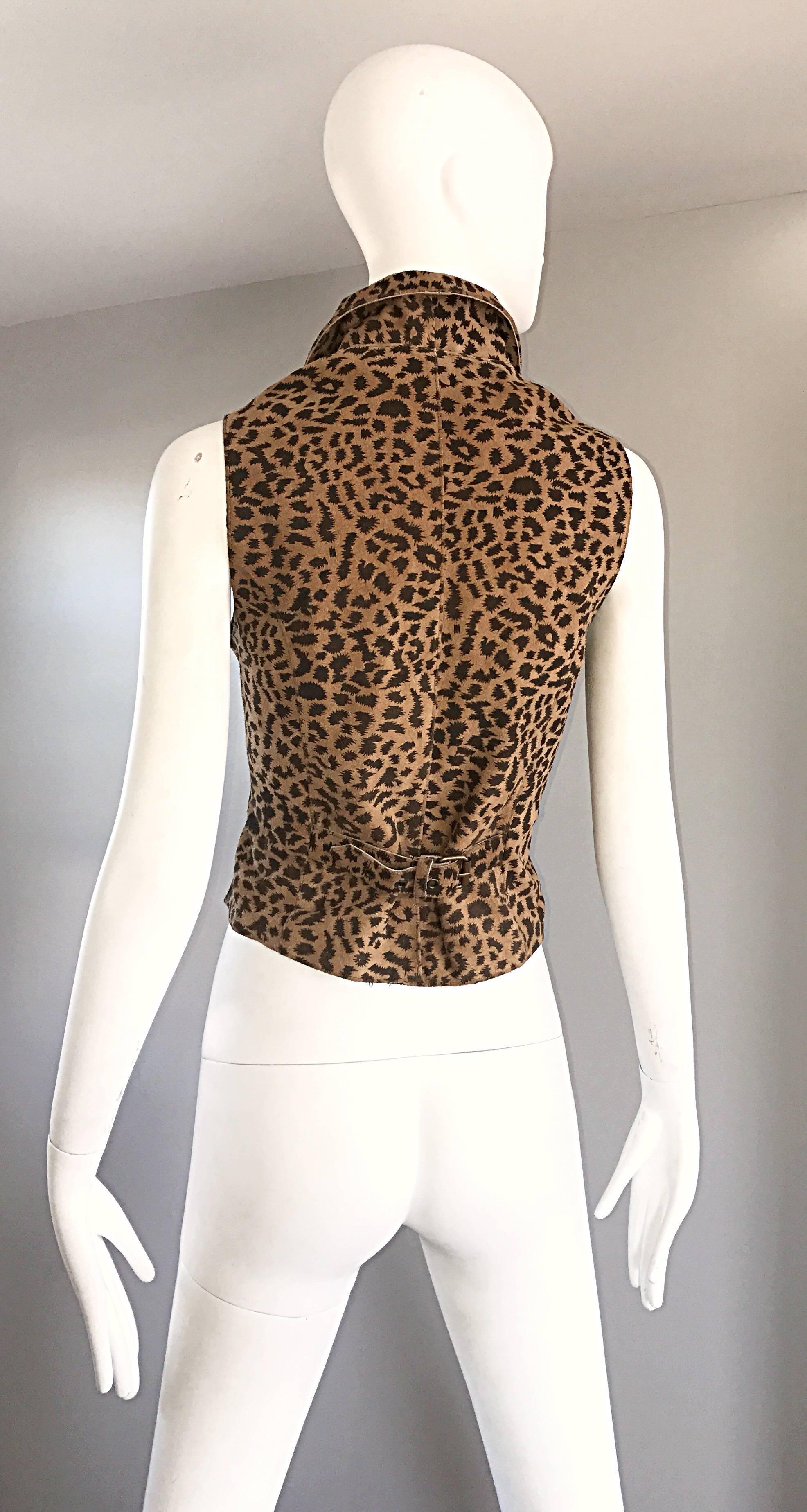 1990s Leopard Print Size Large Leather Suede 90s Vintage Cheetah Biker Vest In Excellent Condition In San Diego, CA