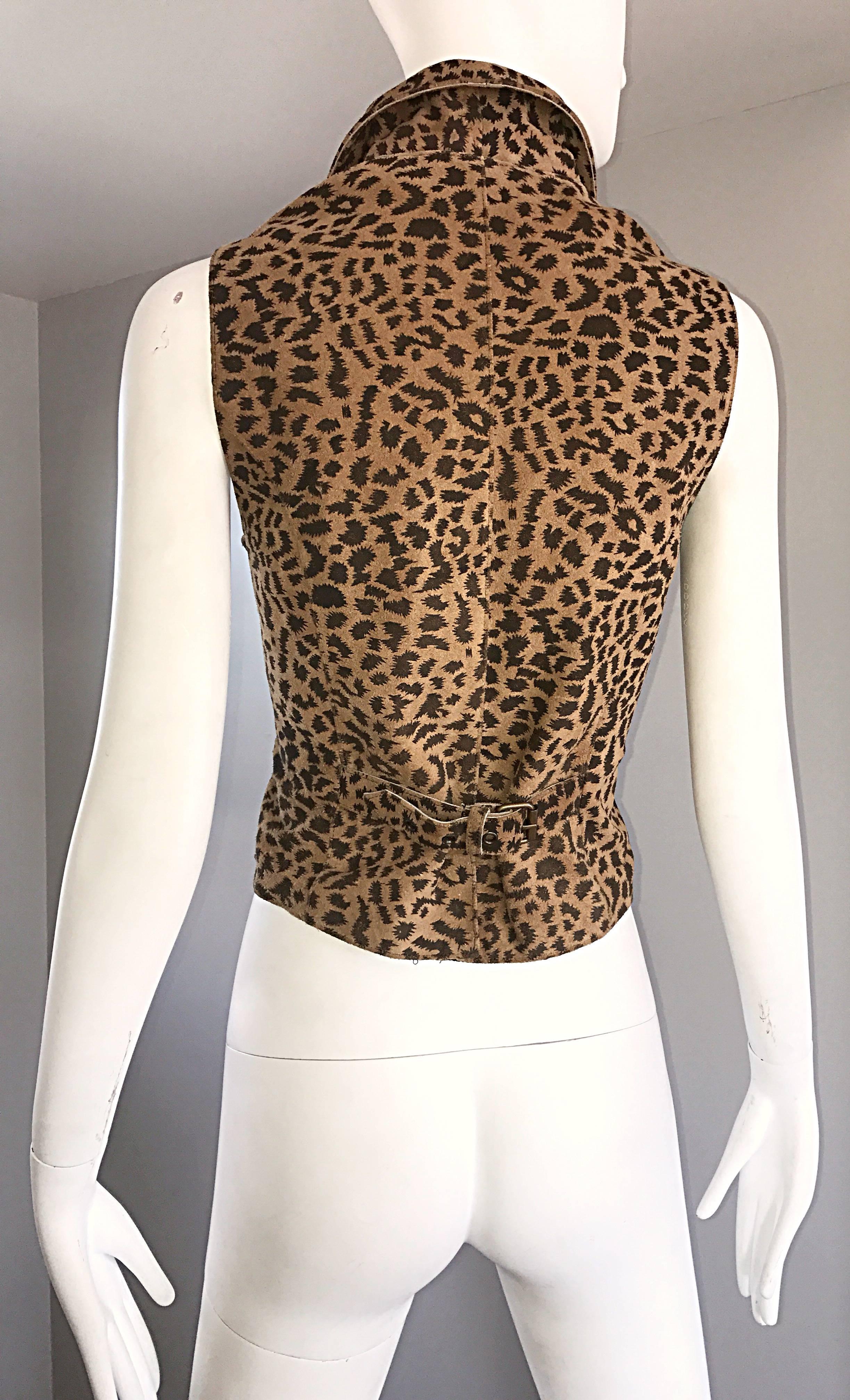 Women's 1990s Leopard Print Size Large Leather Suede 90s Vintage Cheetah Biker Vest