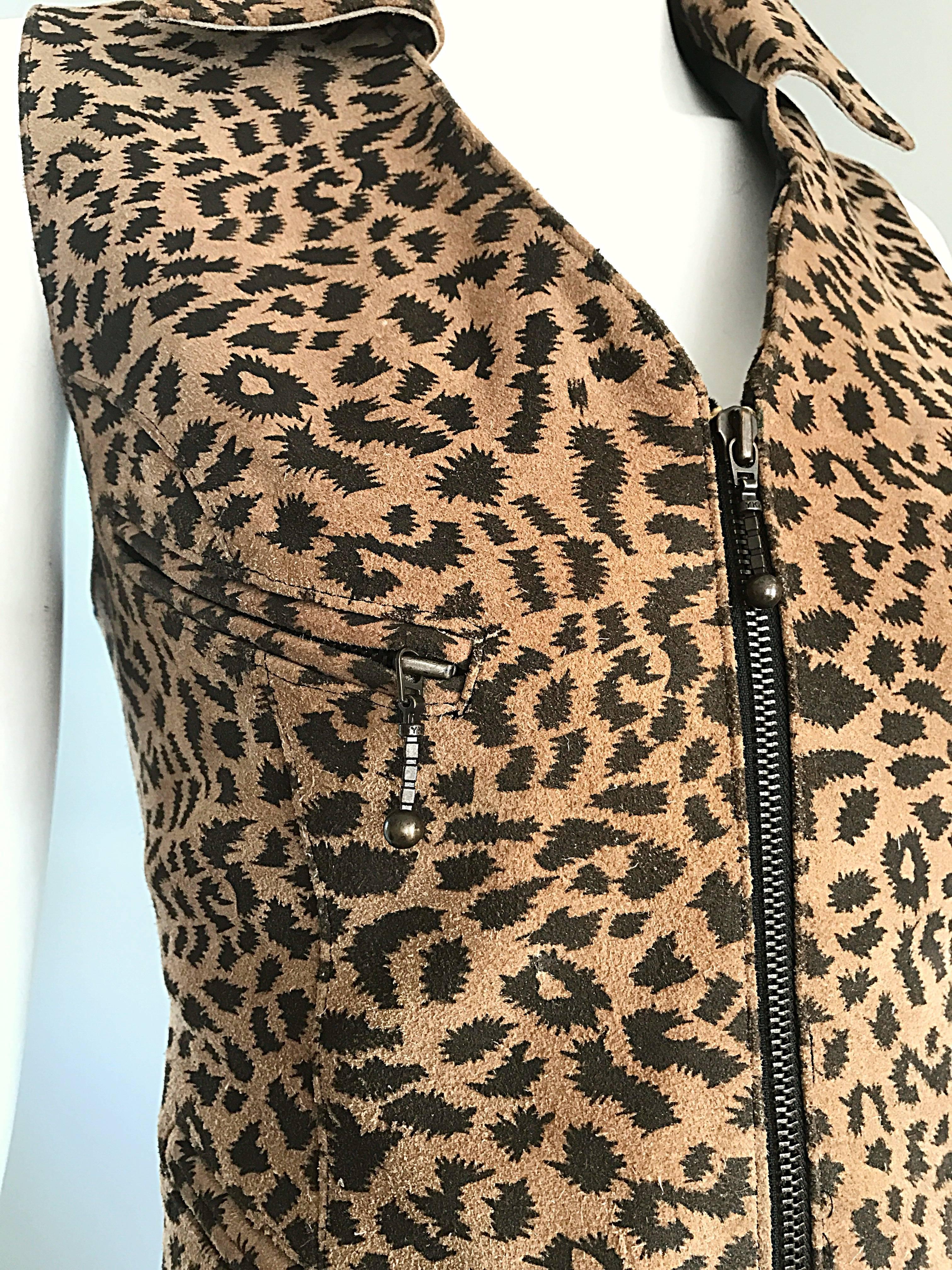 1990s Leopard Print Size Large Leather Suede 90s Vintage Cheetah Biker Vest 1