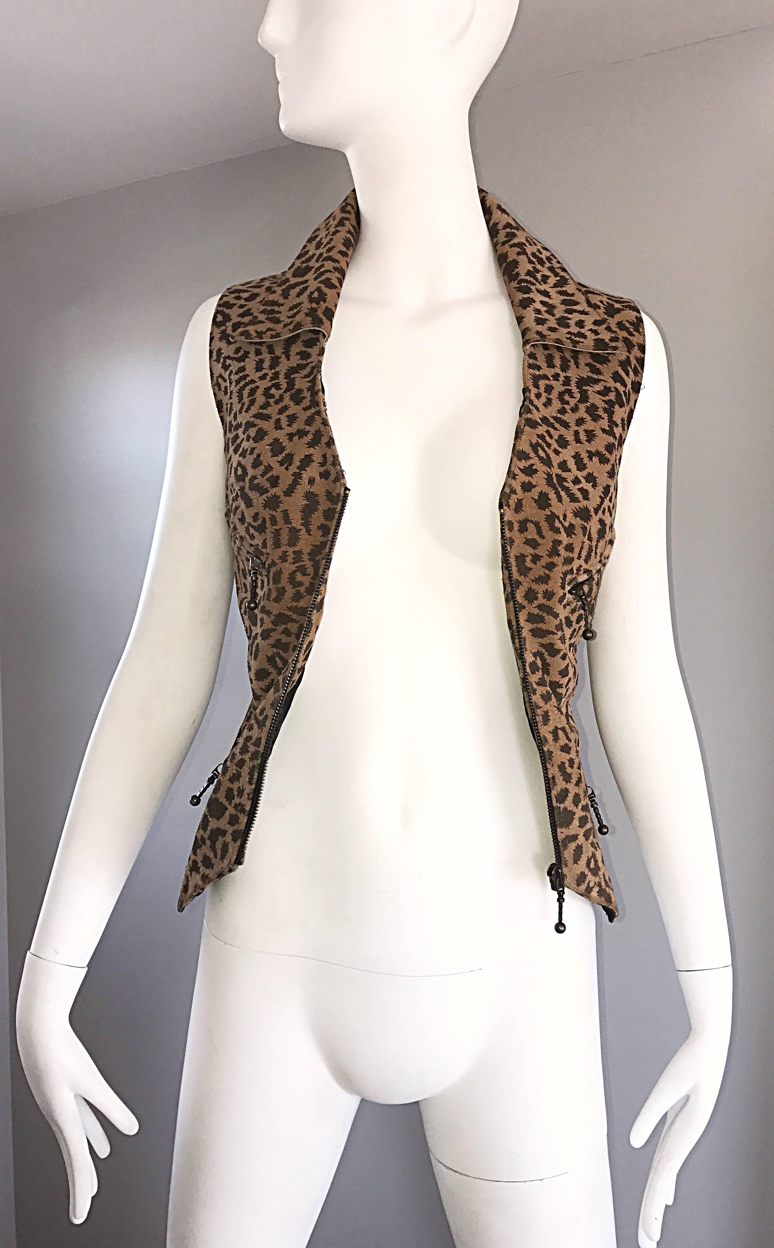 1990s Leopard Print Size Large Leather Suede 90s Vintage Cheetah Biker Vest 2