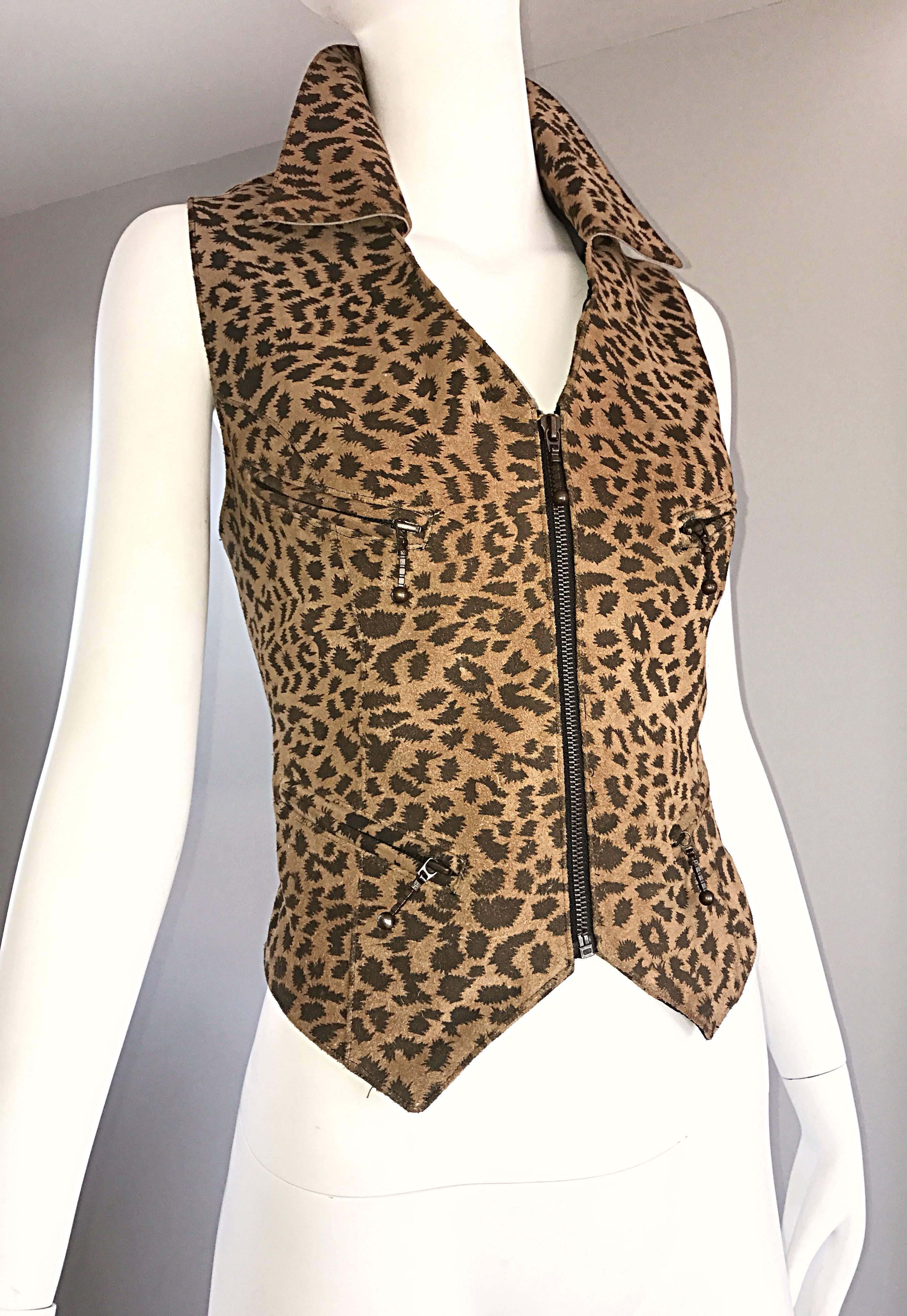 1990s Leopard Print Size Large Leather Suede 90s Vintage Cheetah Biker Vest 3