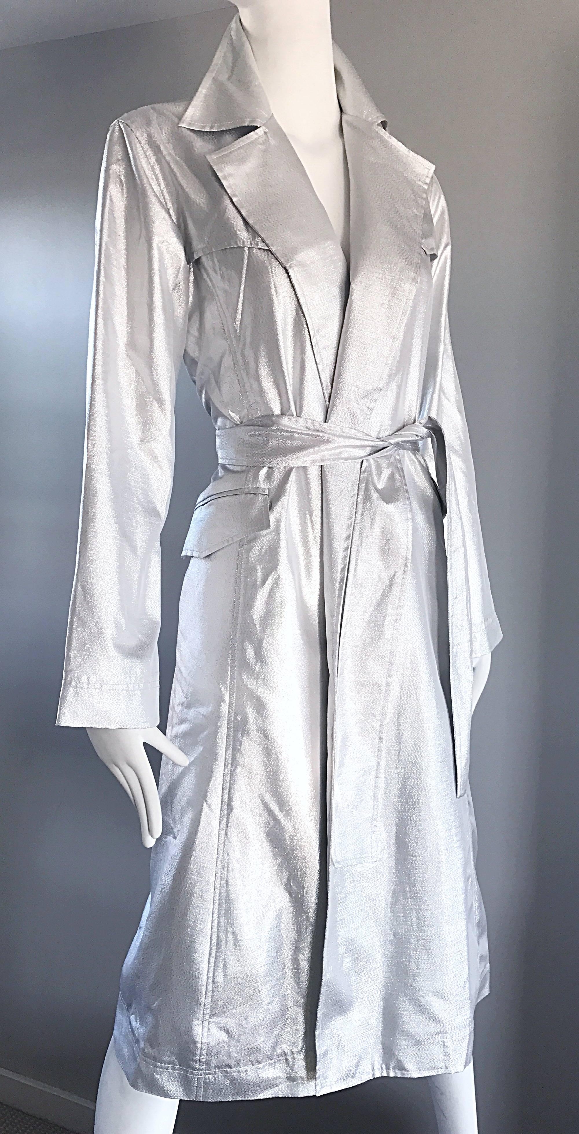 Behnaz Sarafpour Amazing Silver Metallic Belted Trench Runway Jacket Coat Size 4 For Sale 2