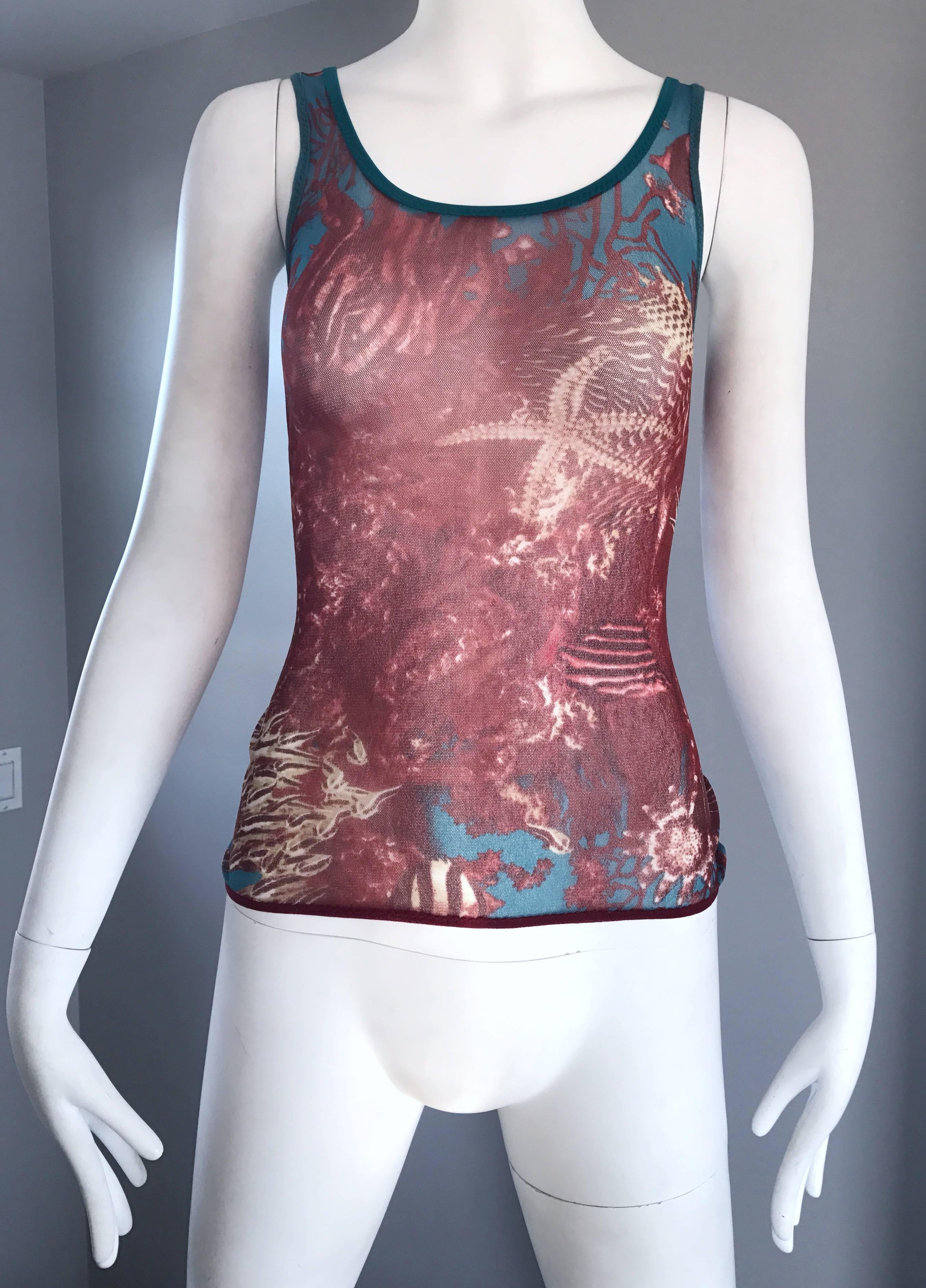 Brown 1990s Jean Paul Gaultier Sea Life Novelty Signature Semi Sheer Mesh Tank Top