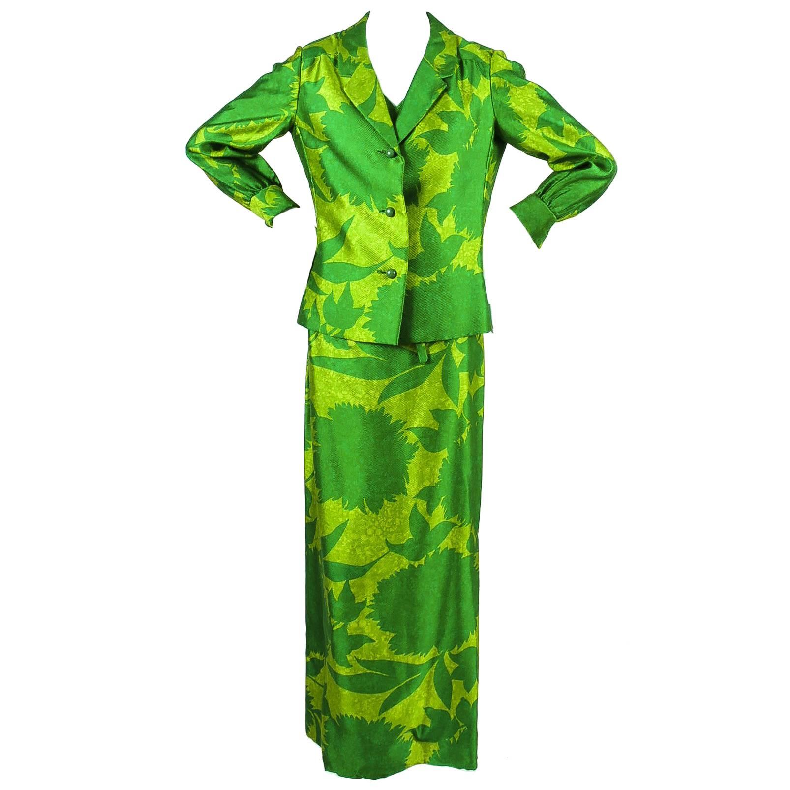 Mademoiselle Ricci by Nina Ricci Green Floral Printed LS Jacket and Dress Set For Sale