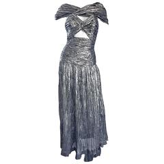 1970s Ted Lapidus Haute Couture Silver Metallic Silk Plisse Cut - Out Gown Dress