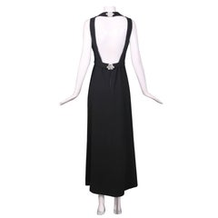 1970's Donald Brooks Black Halter Evening Gown W/Open Back & Rhinestone Buckles 8