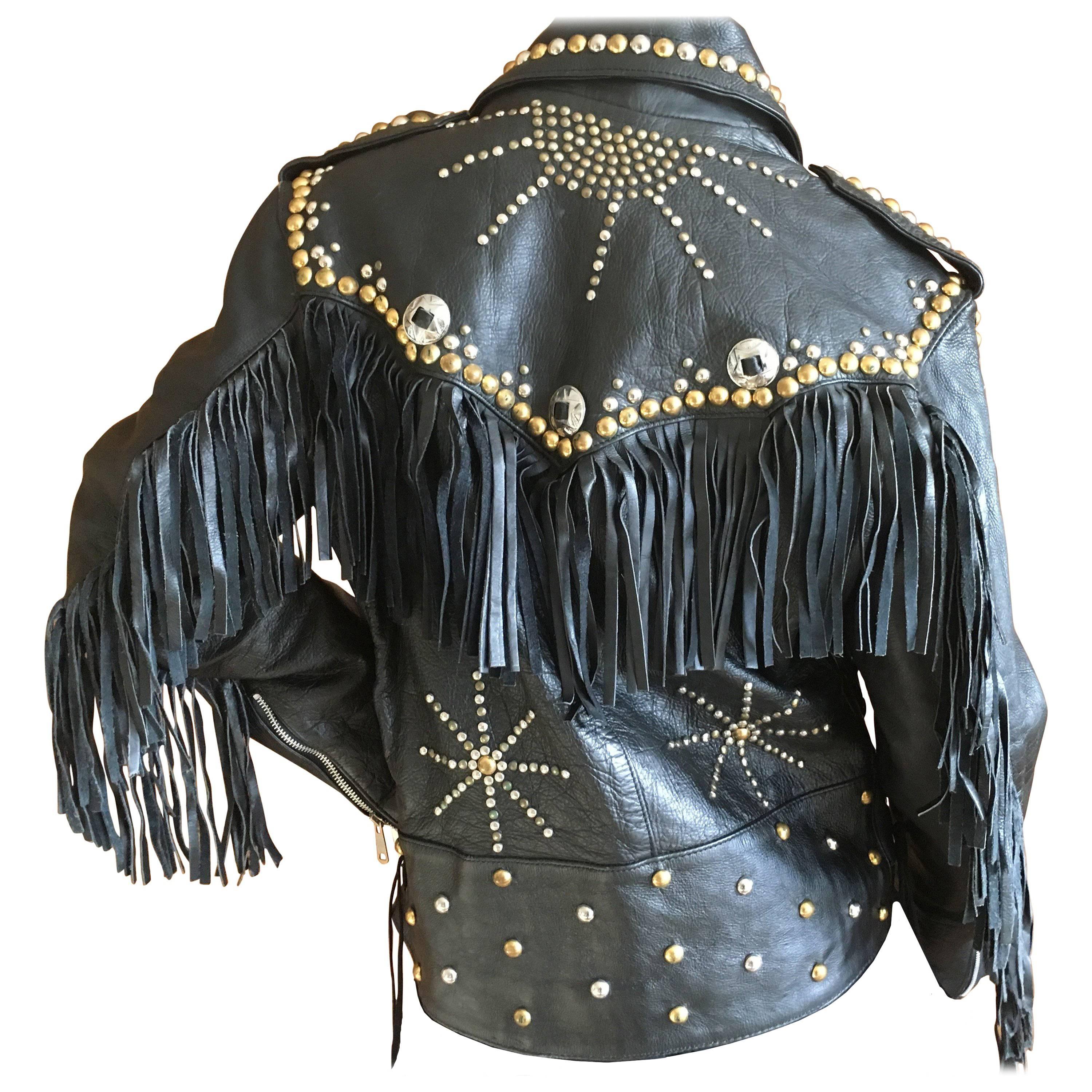 Vintage Men's Leather Motorcycle Jacket with Fringe and Studs