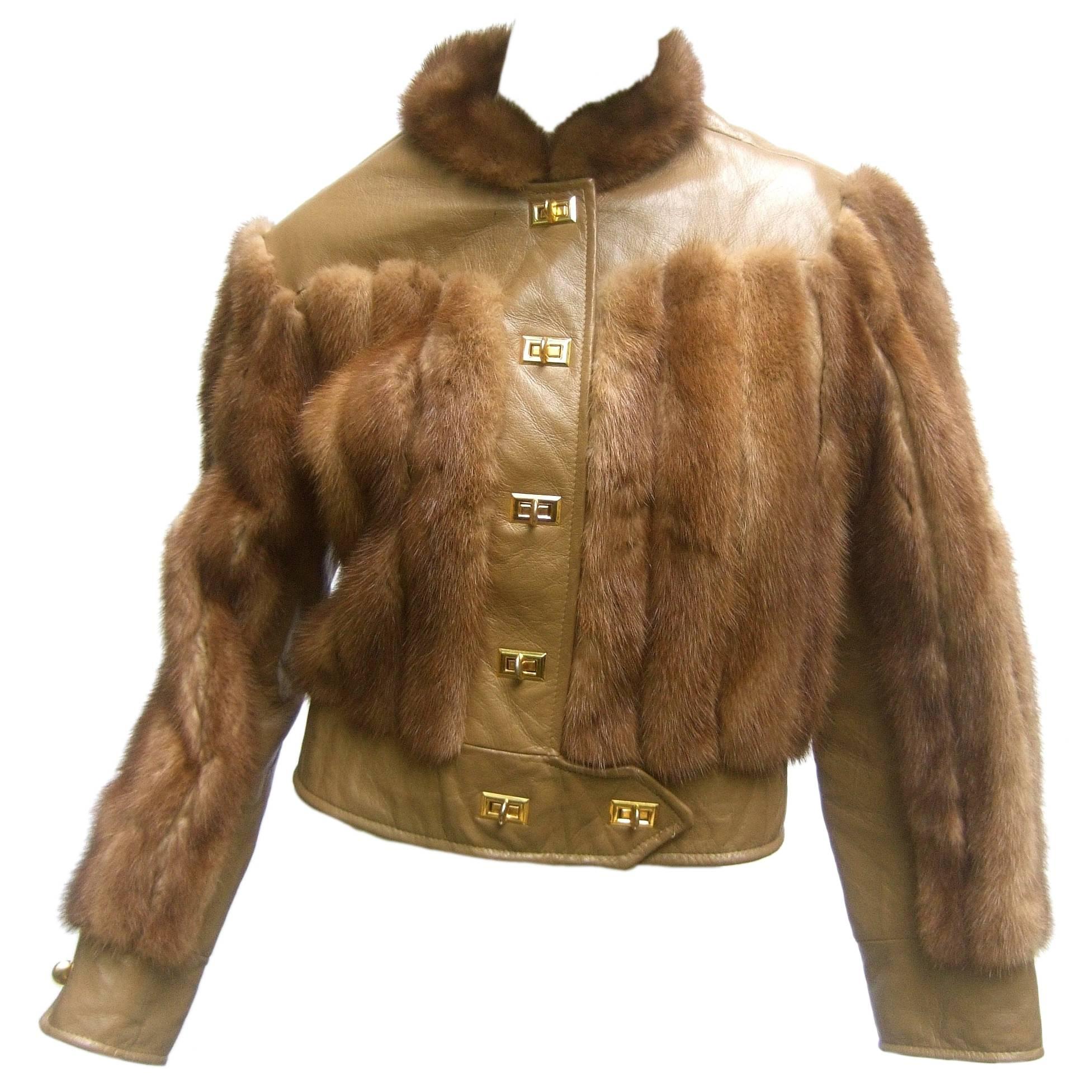 Sale Mink & Leather Eisenhower Style Cropped Jacket c 1970s 