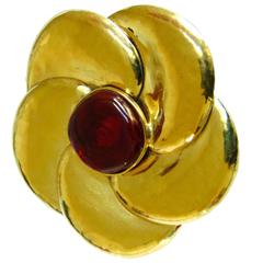 Francis Patiky Stein FPS Gold Floral Brooch Pin with Red Gripoix Center 1980s