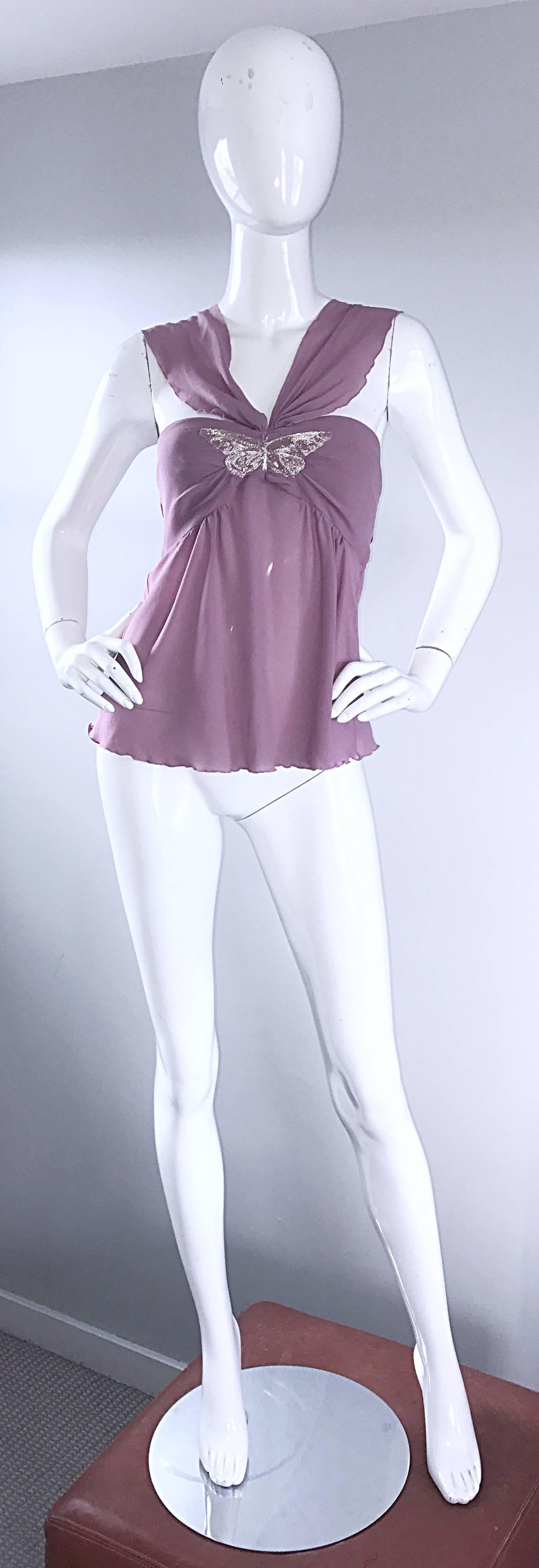 Beautiful vintage ALESSANDRO DELL'ACQUA early 1990s light purple lavender silk chiffon babydoll top! Features the softest silk chiffon that looks amazing on! Hand embroidered silver silk threaded butterfly at the bodice. Flattering cut-work. Three