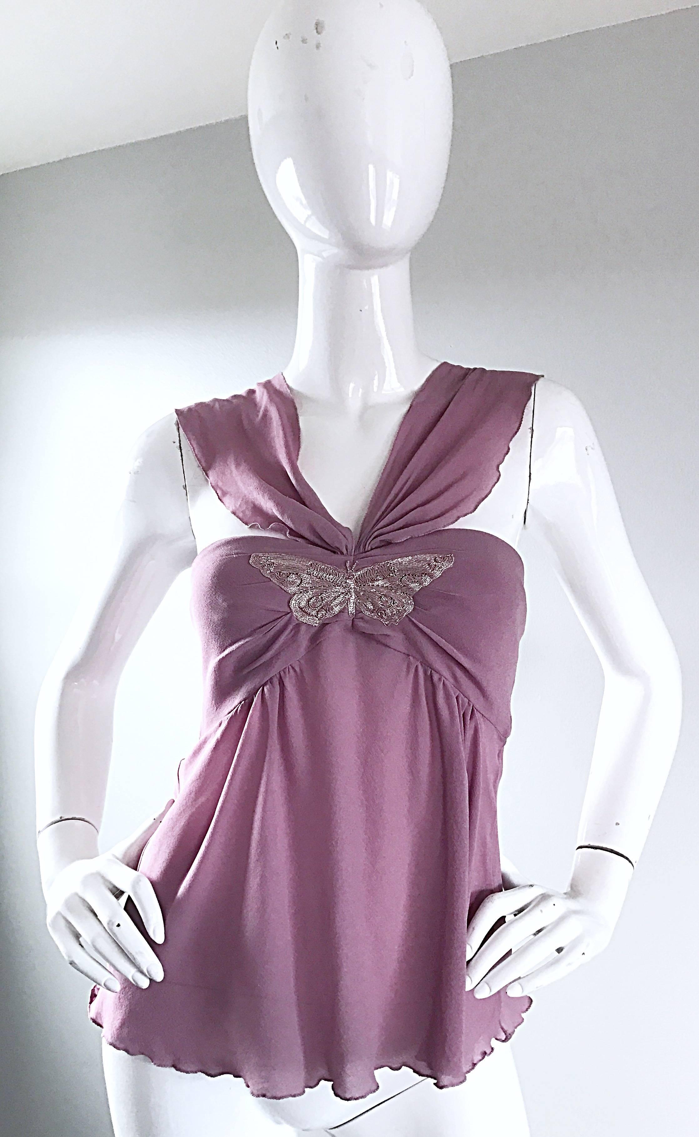 Women's Alessandro Dell' Acqua 90s Lilac Lavender Silver Butterfly Silk Chiffon Blouse 