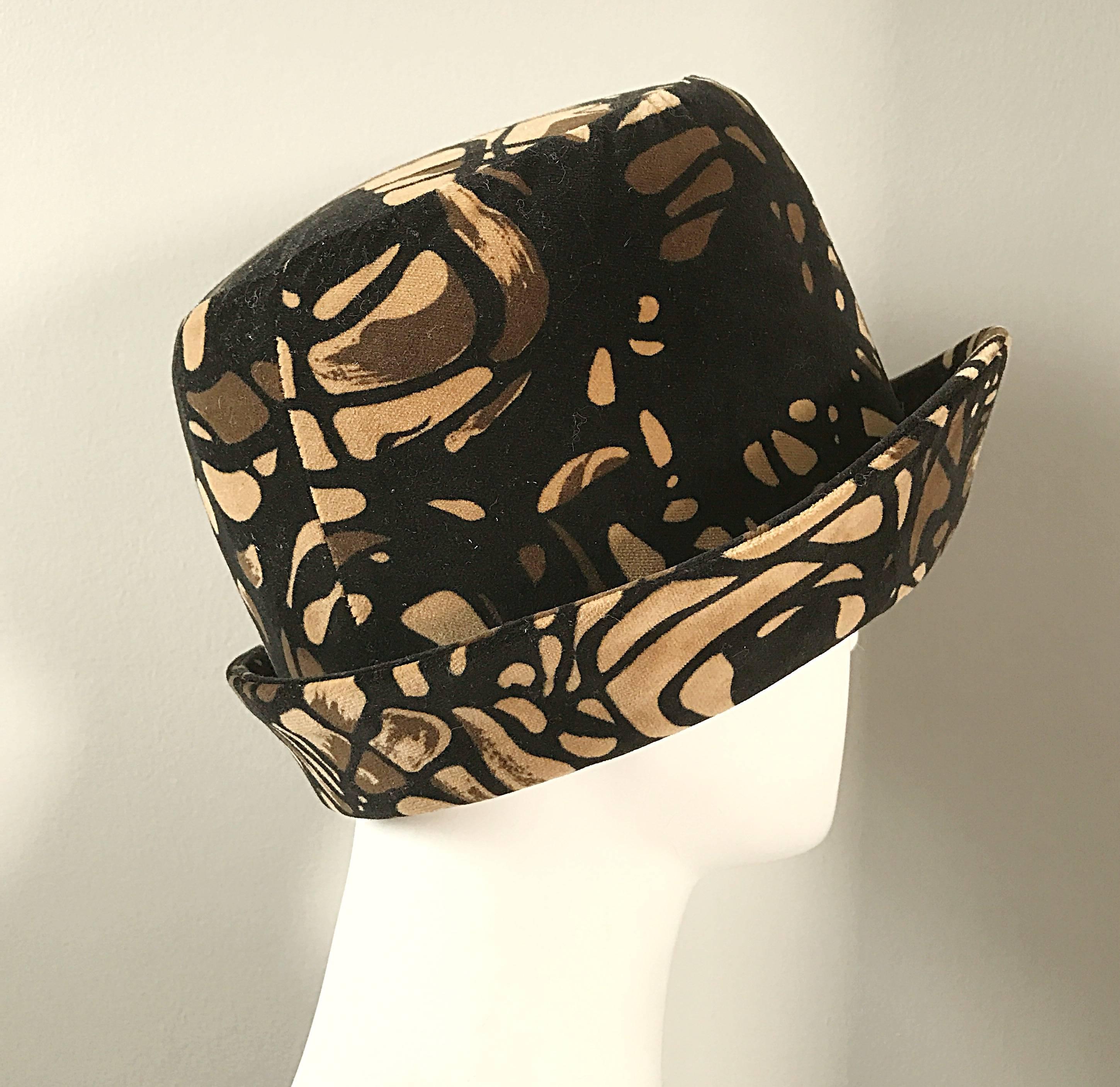 1960s Oleg Cassini 1920s Style Brown + Tan + Black 60s Mod Vintage Cloche Hat 1