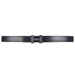 HERMES c.1987 Navy Blue Burgundy Leather Reversible Ruthenium H Buckle Belt 75