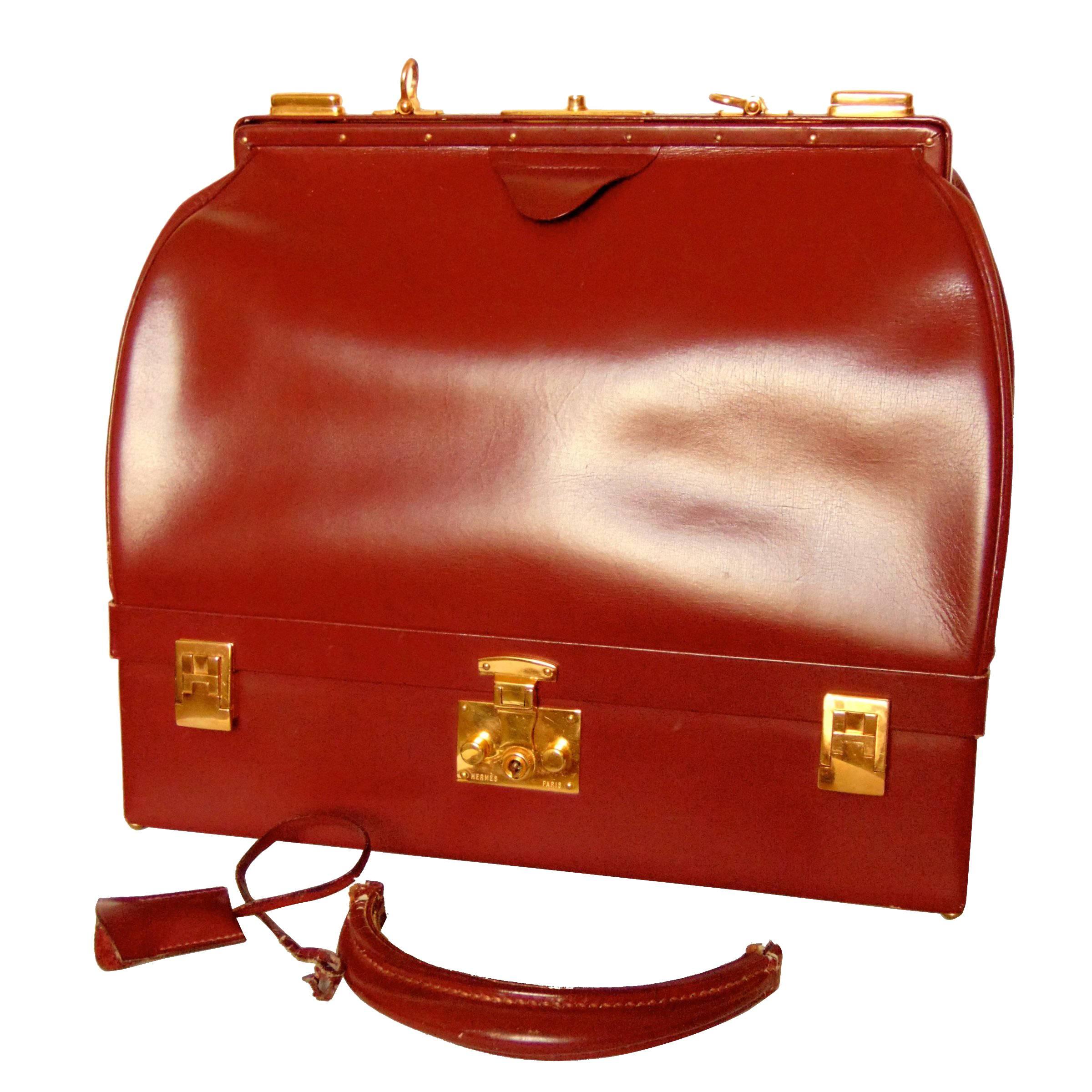 Hermes Sac Mallette Jewelry Box Travel Case Cordovan Box Leather Vintage 1970s
