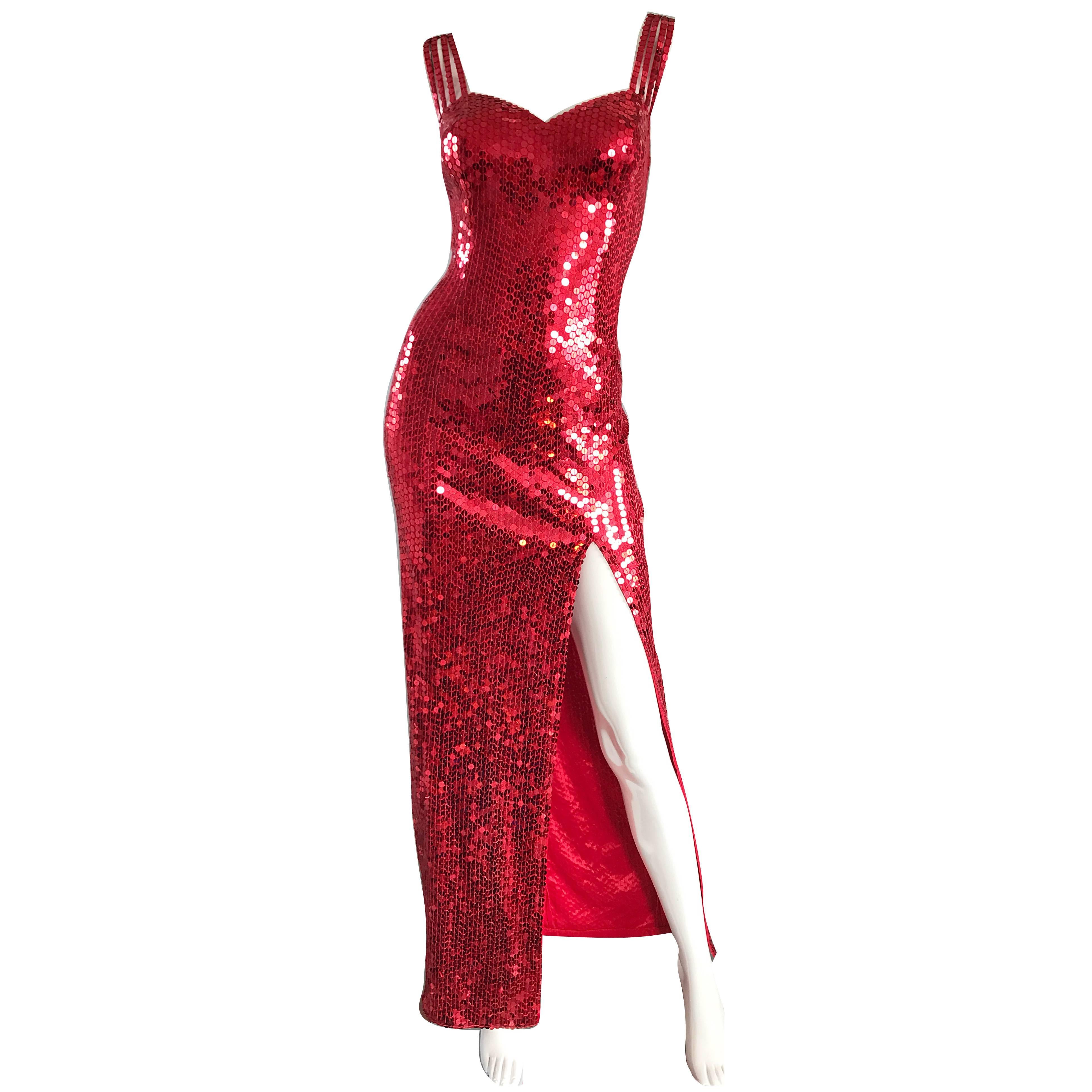 Della Roufogali Vintage Sexy 1990s Red Sequin Dress Jessica Rabbit Evening Gown