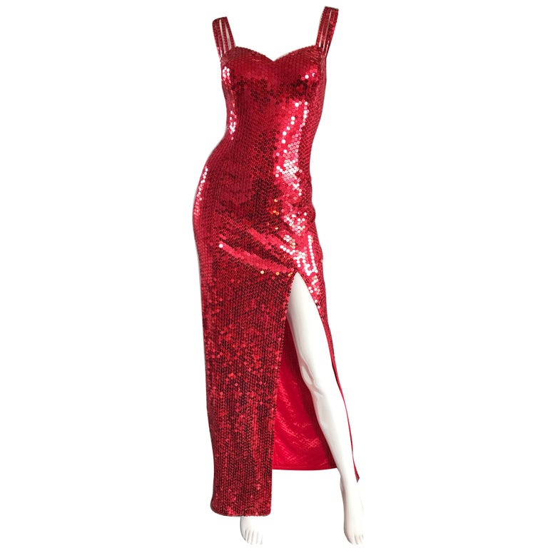 Della Roufogali Vintage Sexy 1990s Red Sequin Dress Jessica Rabbit Evening Gown For Sale