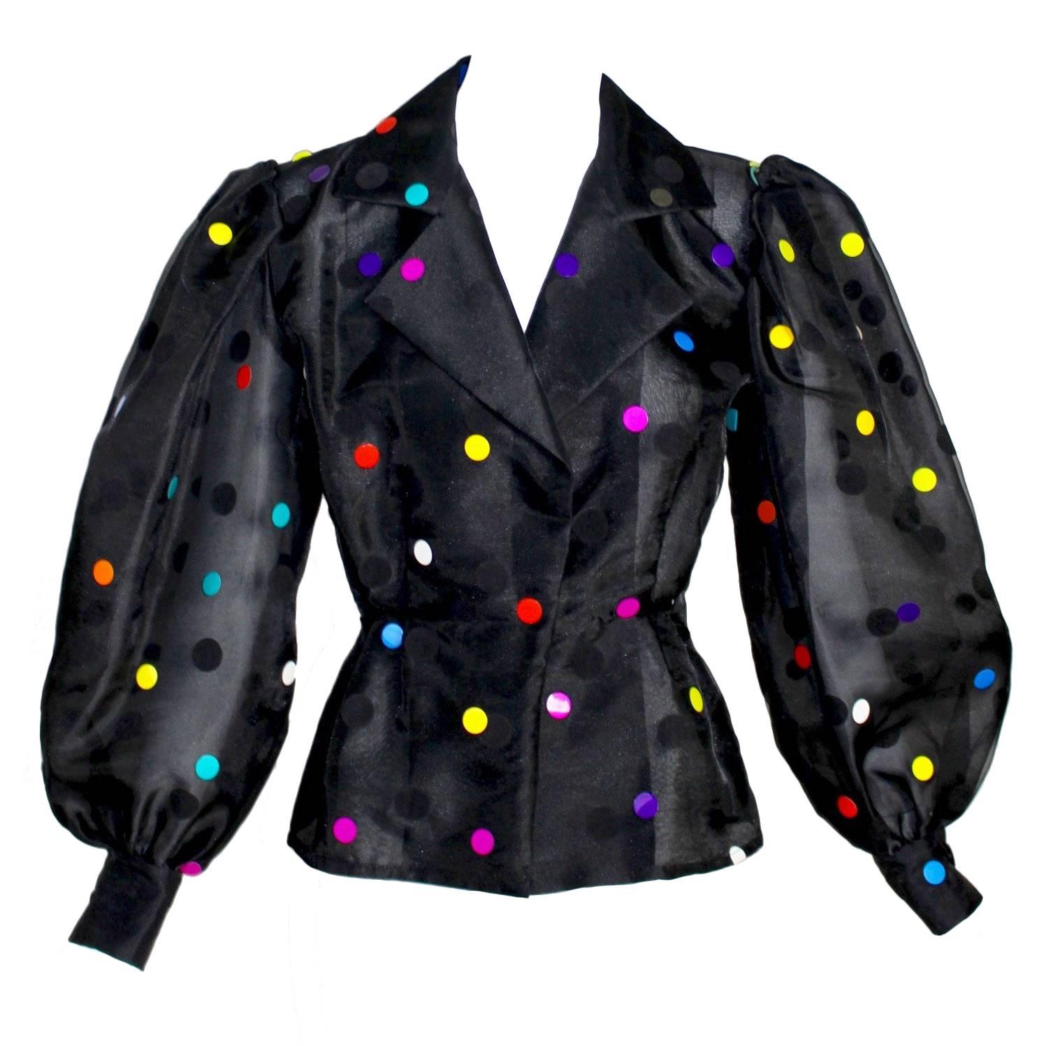 Givenchy Boutique Vintage Black Organza Colorful Paillettes Polka Dots Blouse 