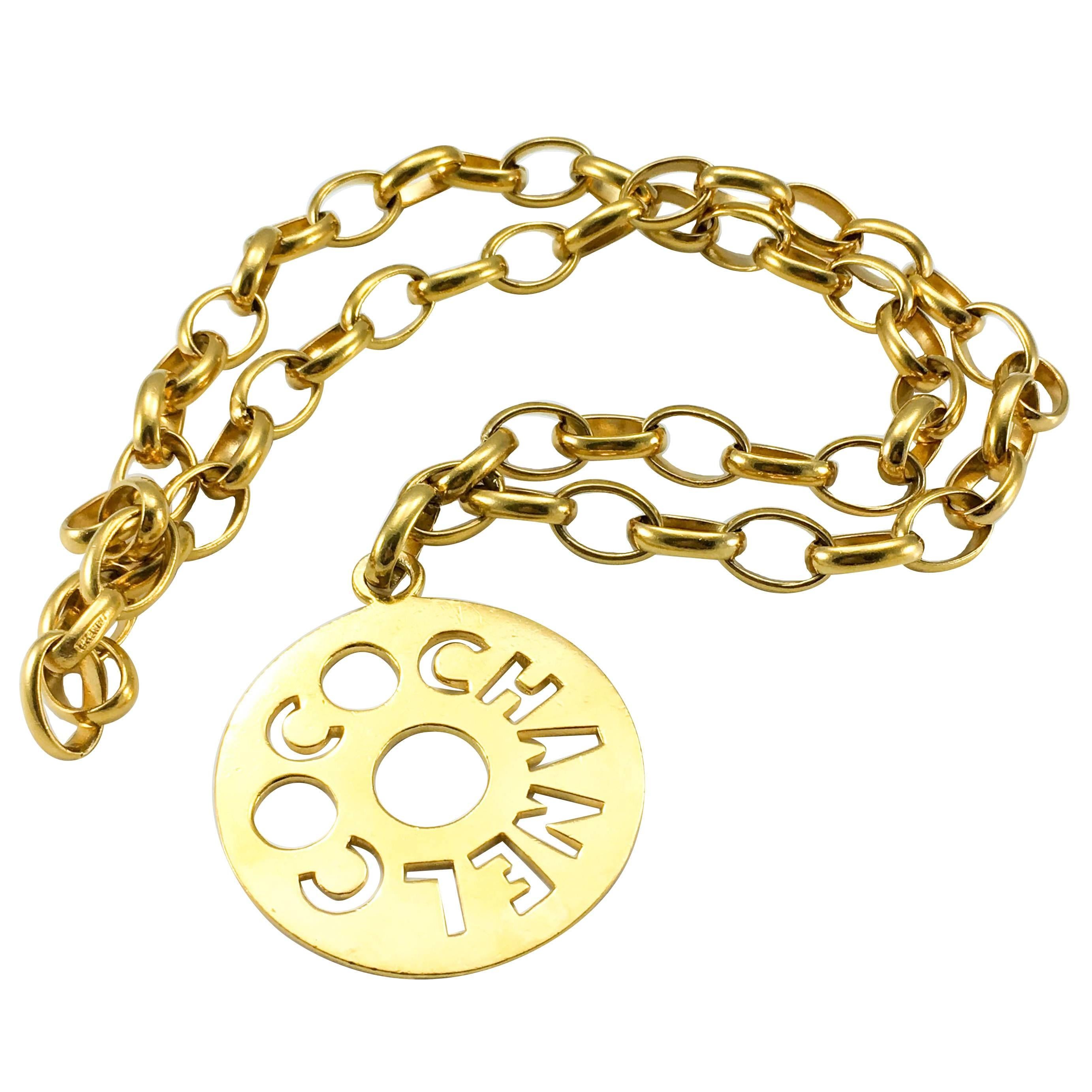 Chanel Chunky Gold-Tone 'Coco Chanel' Disk Pendant Chain Necklace - 1970's