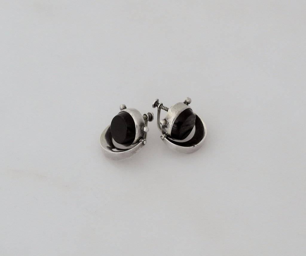 Antonio Pineda Taxco .970 Silver & Onyx Modernist Earrings 1