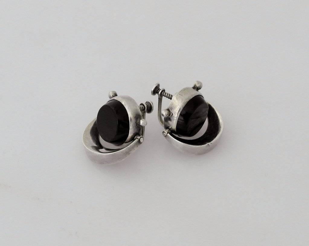 Antonio Pineda Taxco .970 Silver & Onyx Modernist Earrings 2