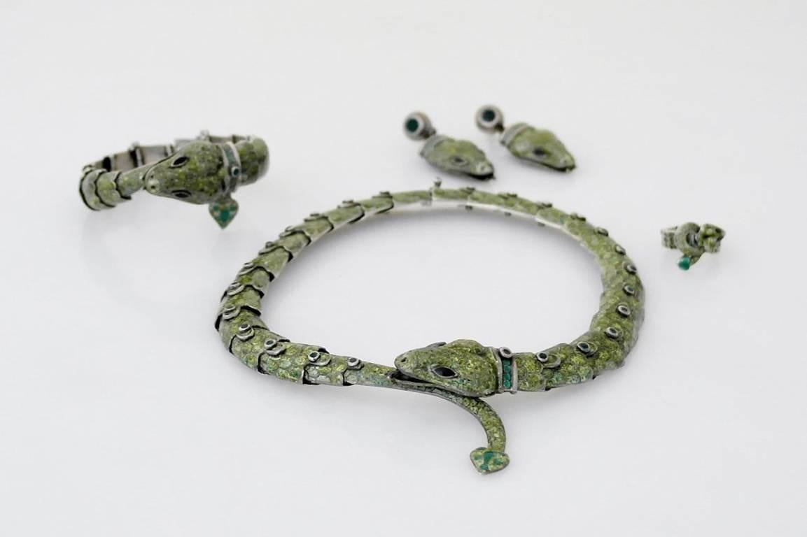 Margot de Taxco Sterling Silver & Enamel Serpent Parure For Sale 2