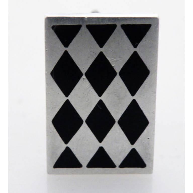 Important Pineda Sterling Silver Obsidian Diamond Checkered Cufflinks 1955 For Sale 1