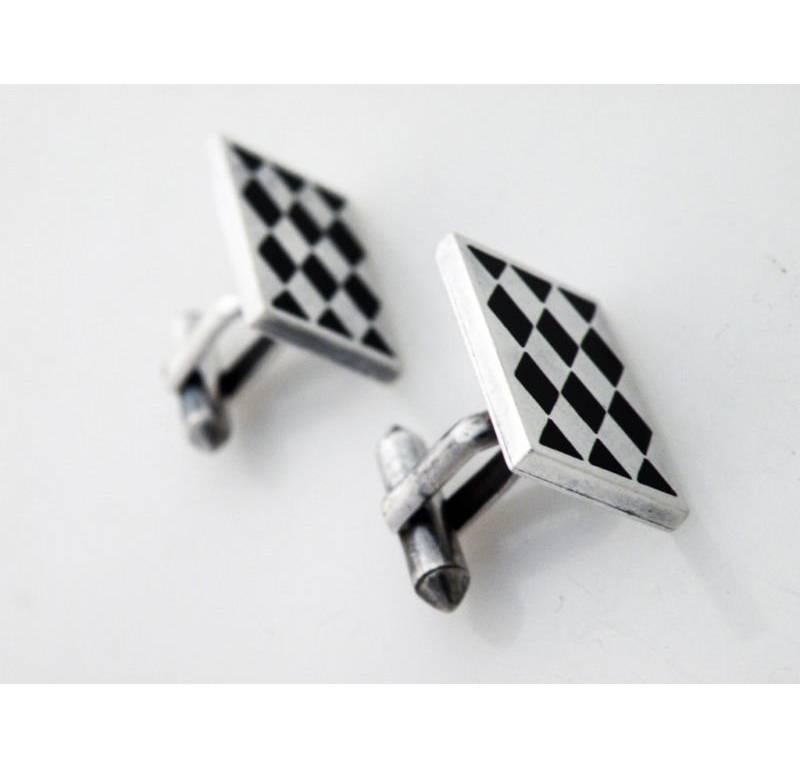 Women's or Men's Important Pineda Sterling Silver Obsidian Diamond Checkered Cufflinks 1955 For Sale