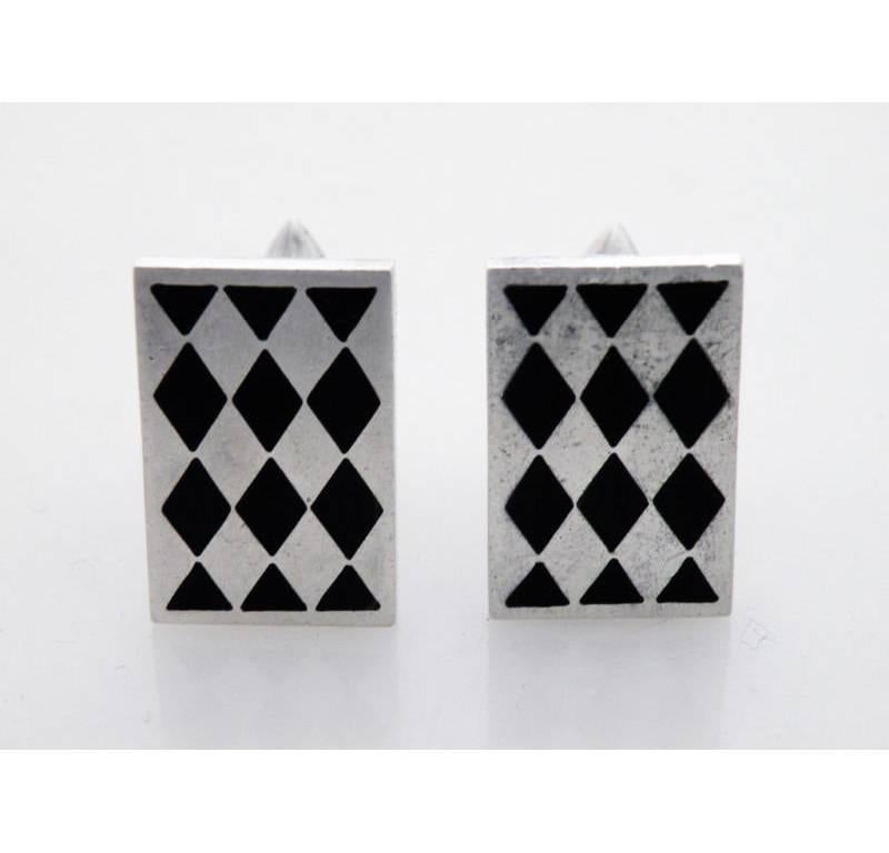 Important Pineda Sterling Silver Obsidian Diamond Checkered Cufflinks 1955 In Excellent Condition For Sale In New York, NY