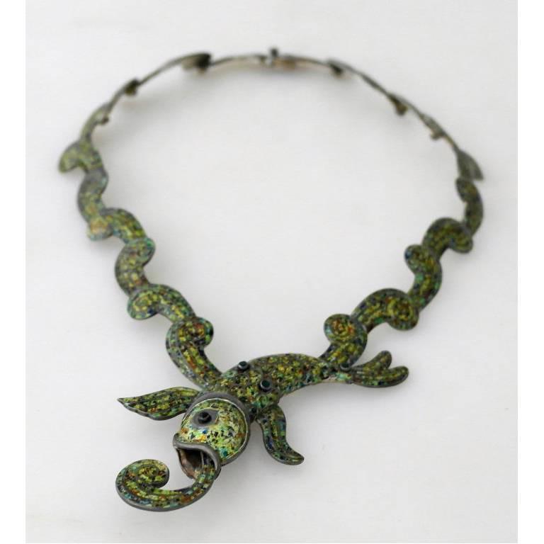 Margot de Taxco Sterling Silver and Enamel Koi Fish Necklace For Sale