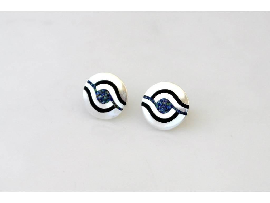 Margot de Taxco Sterling Silver and Natural Stone Inlay Cufflinks In Excellent Condition For Sale In New York, NY