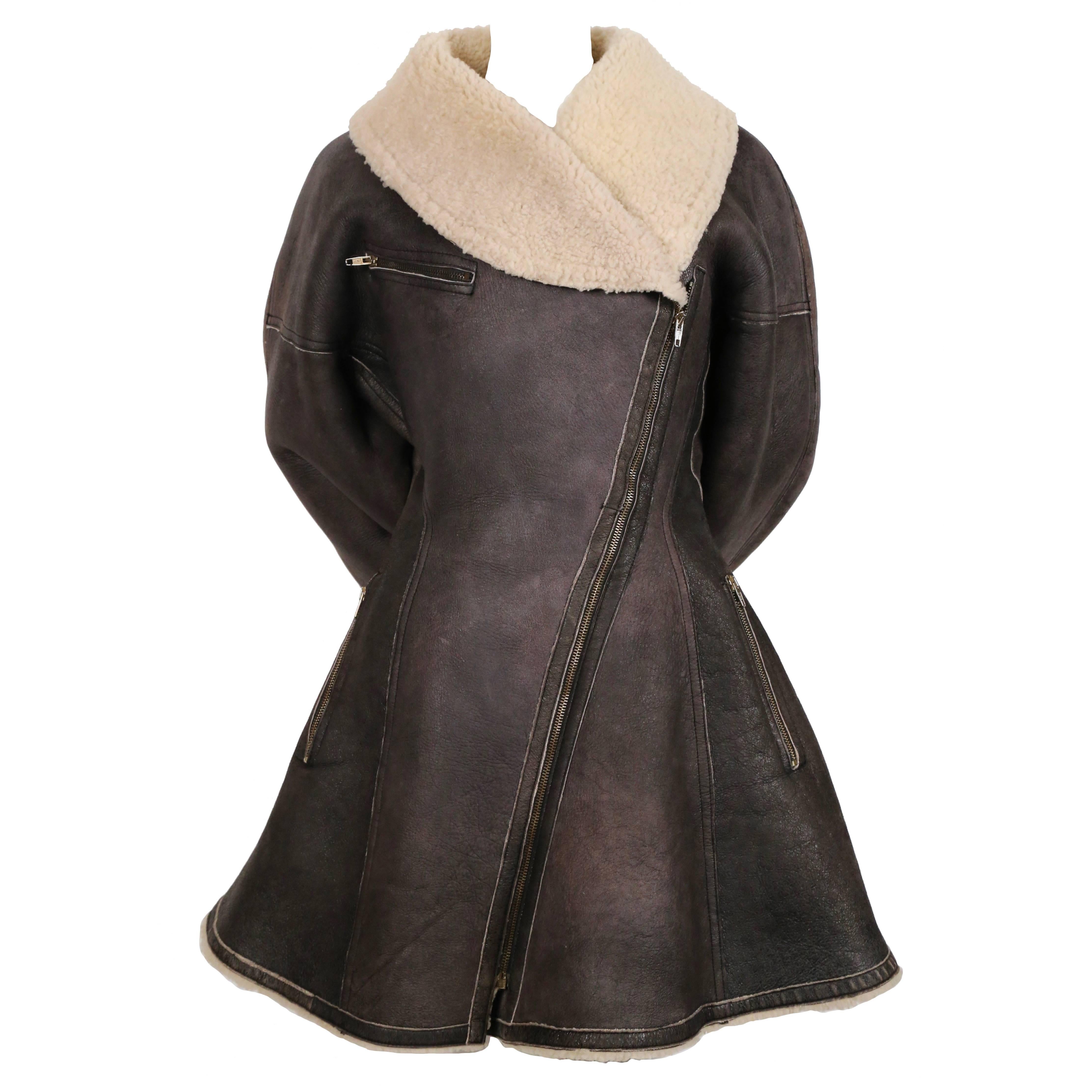 1987 AZZEDINE ALAIA flared brown shearling coat with shawl collar at ...