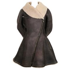 Vintage 1987 AZZEDINE ALAIA flared brown shearling coat with shawl collar