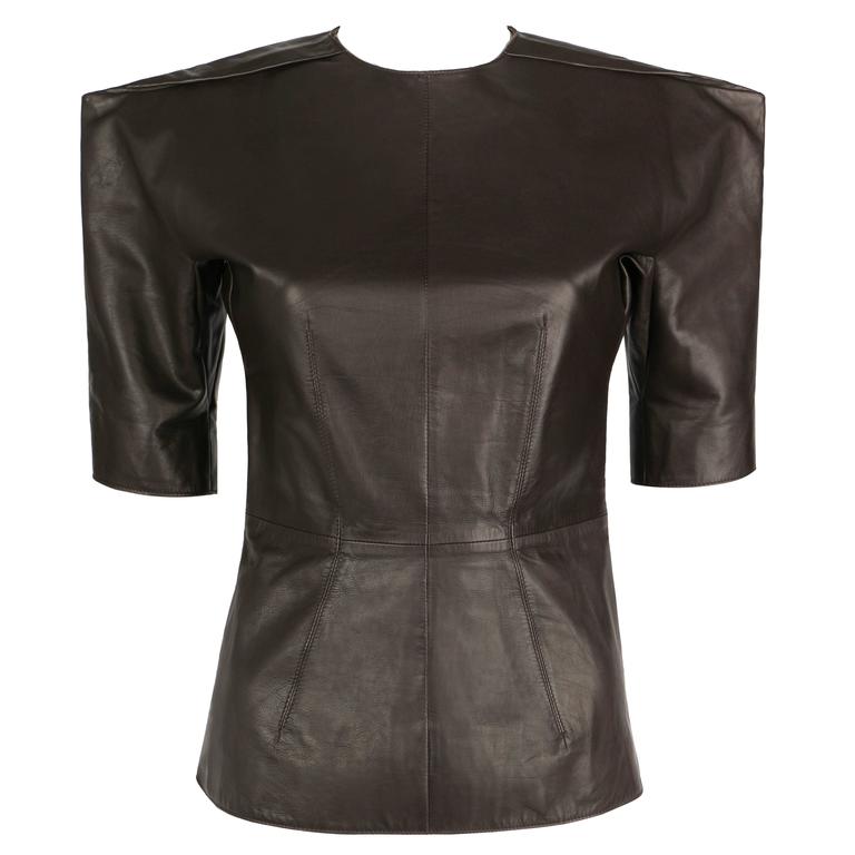 LANVIN F/W 2010 Runway Collection Dark Brown Calf Leather Shirt Structured Top For Sale