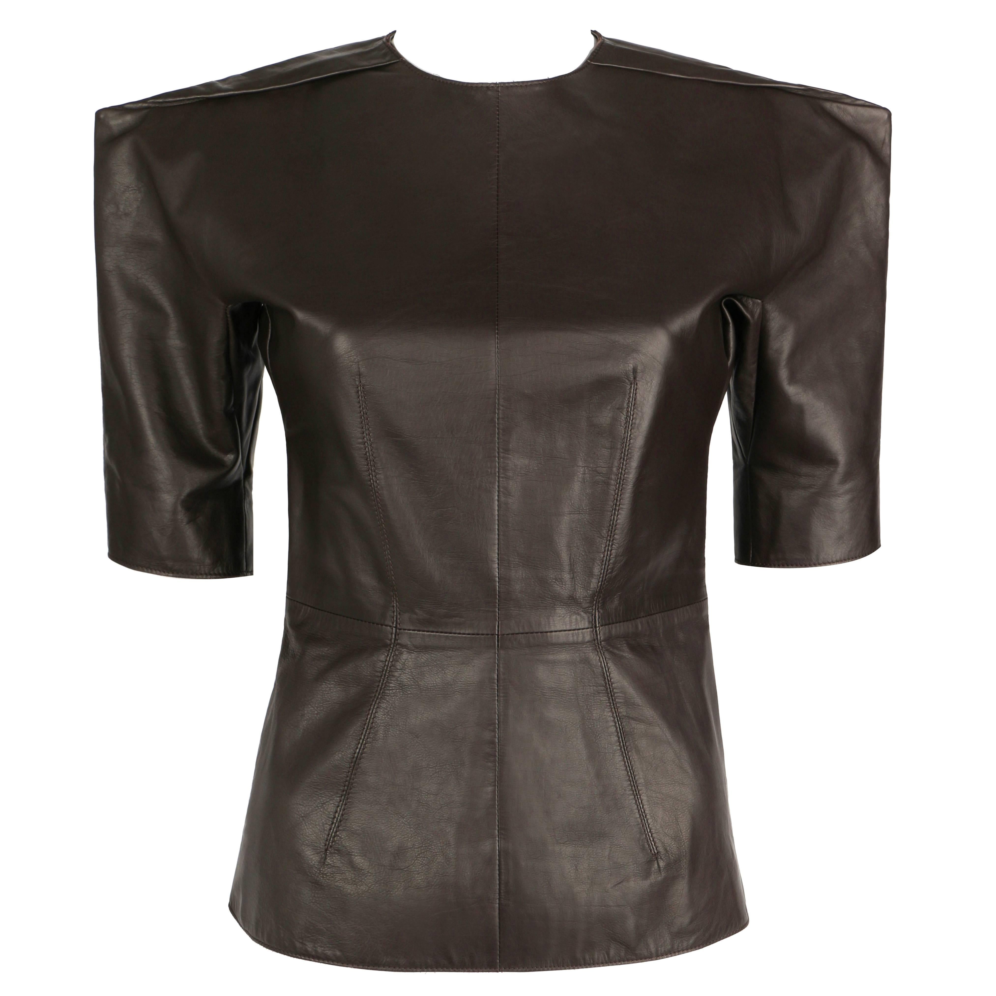 LANVIN F/W 2010 Runway Collection Dark Brown Calf Leather Shirt Structured Top