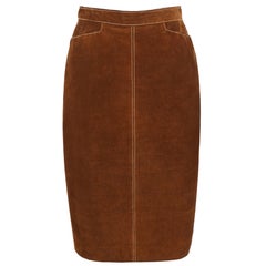 HERMES c.1970's Classic Brown Calfskin Suede Leather Pencil Skirt