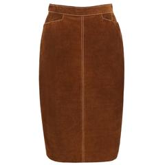 HERMES c.1970's Classic Brown Calfskin Suede Leather Pencil Skirt