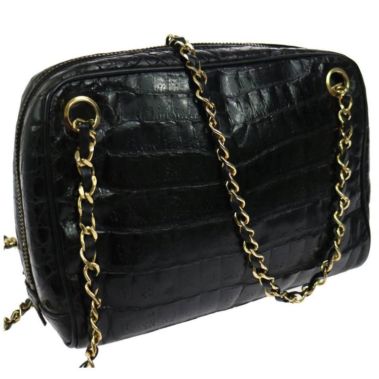 Chanel Rare Vintage Black Crocodile Gold Evening Camera Shoulder Bag at ...