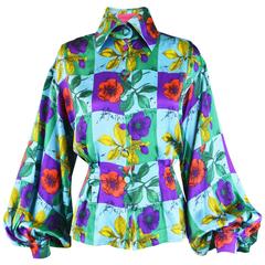 Christian Lacroix Vintage Silk Balloon Sleeve Botanical Print Blouse, 1990s