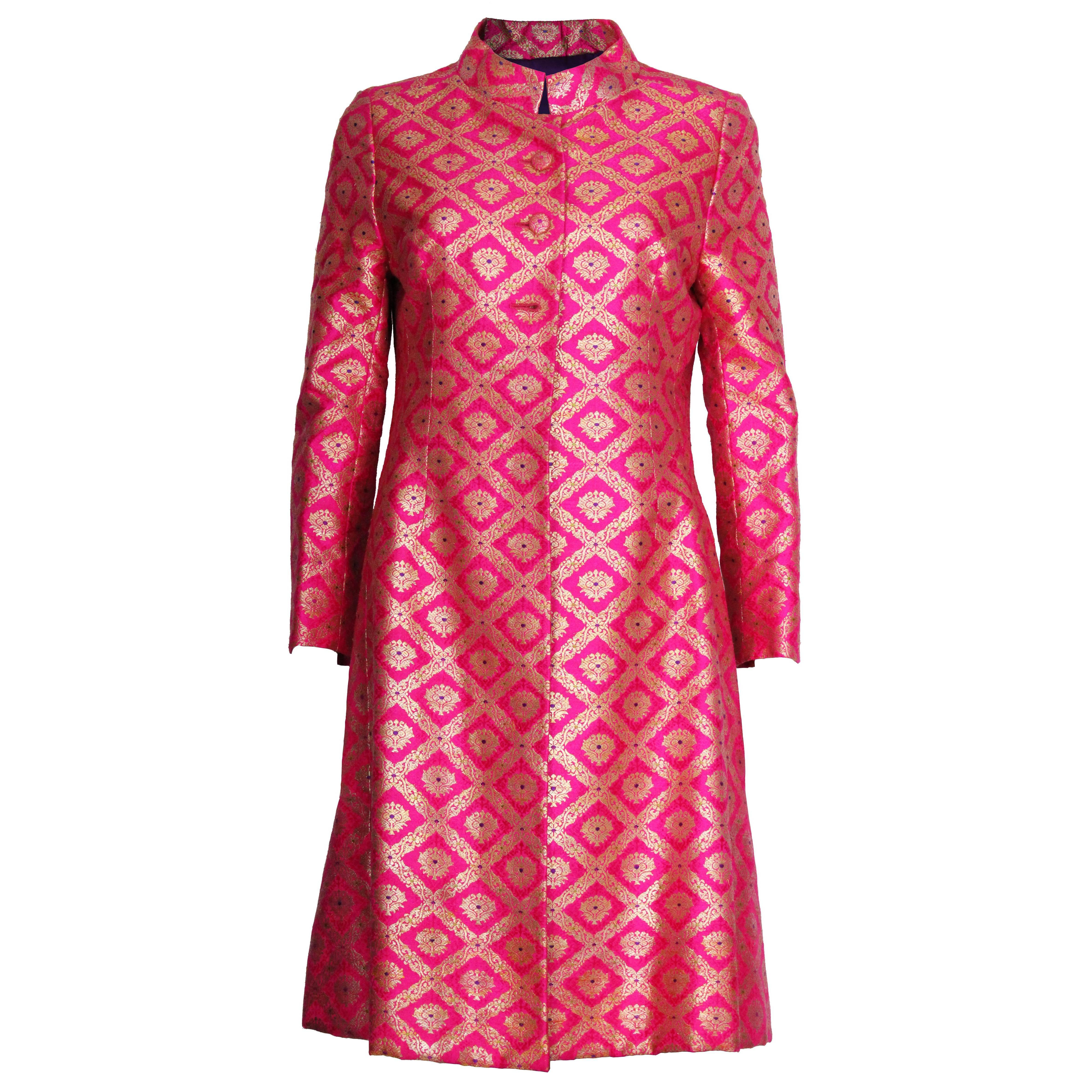 1960s Indian Silk Patterned Pink and Gold Coat & Headpiece
