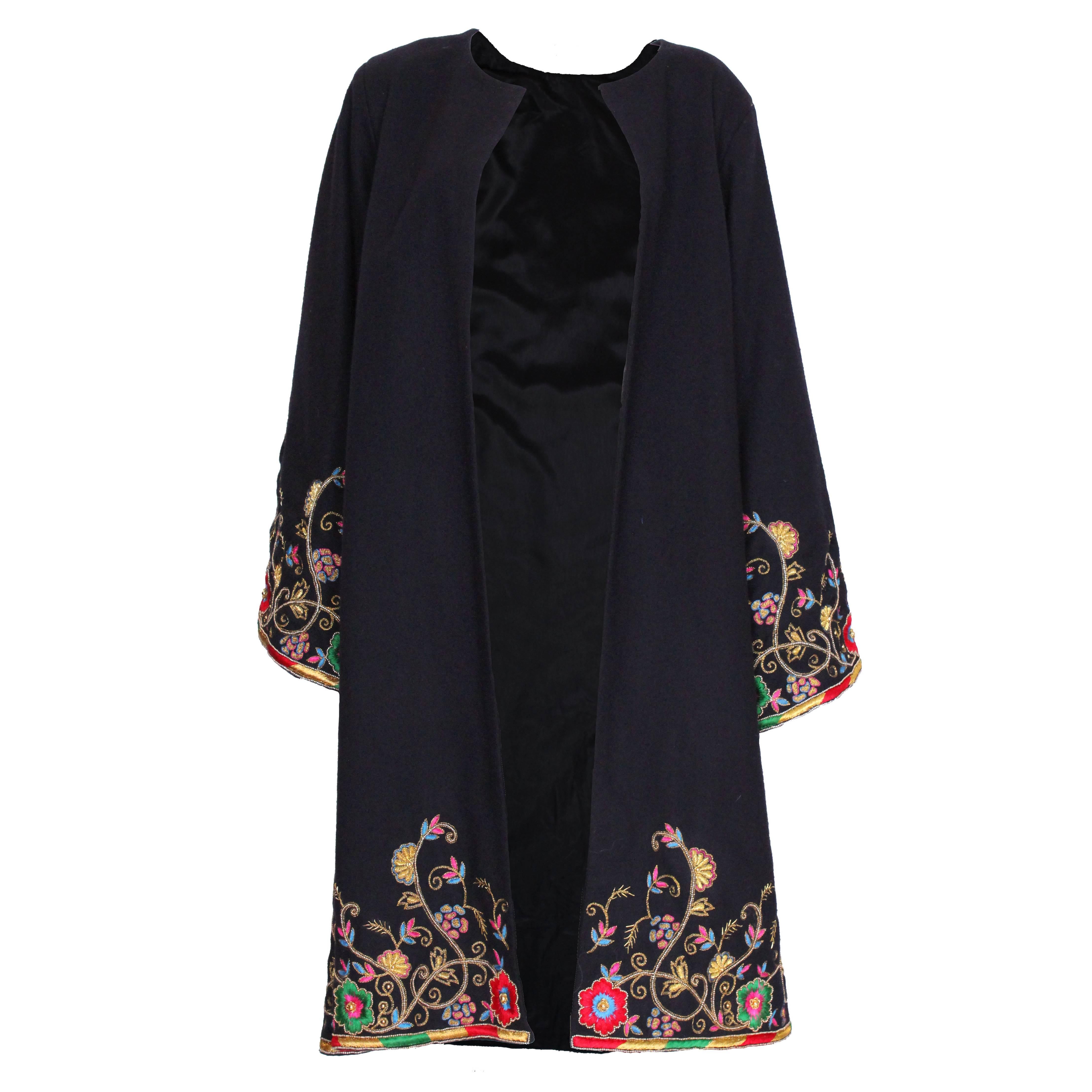 1970s Floral Embroidered Navy Wool Swing Coat