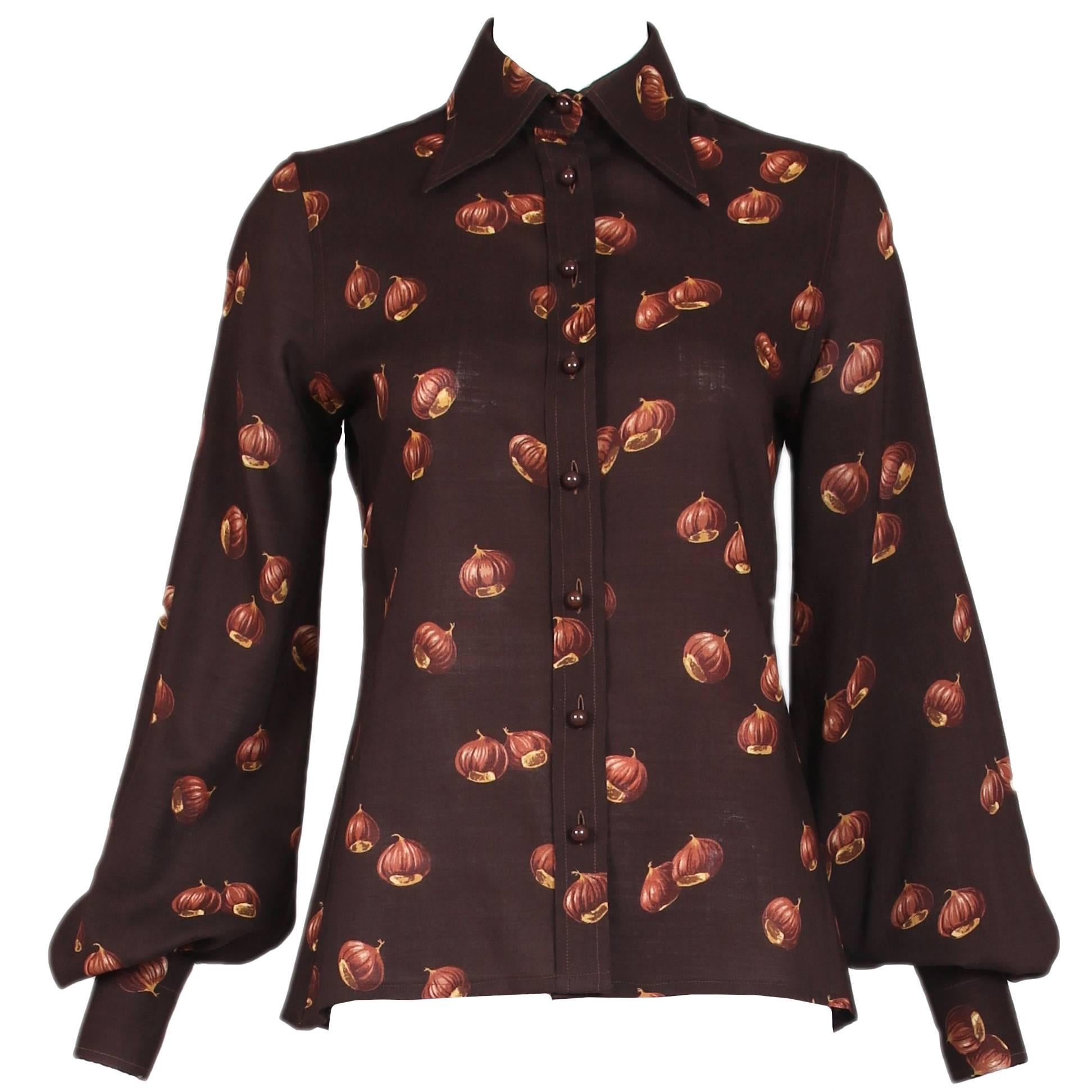 1970s Valentino Brown Acorn Print Blouse