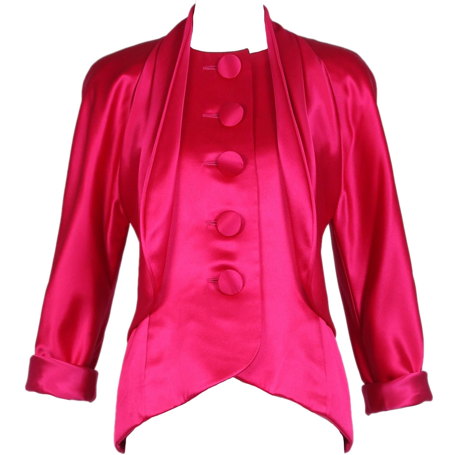 Vintage Galanos Hot Pink Satin Jacket Blouse For Sale