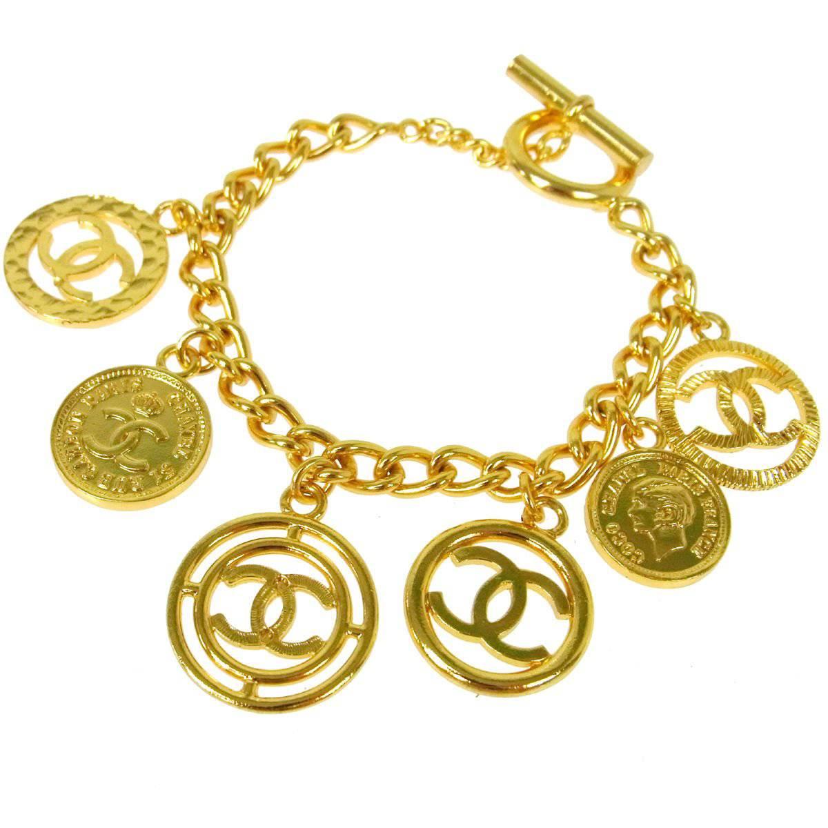 Chanel Vintage Gold Coin Charm Link Evening Cuff Bracelet