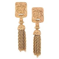Chanel Vintage Gold Textured Tassel Evening Earrings in Box
