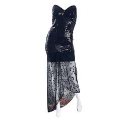 1990s Black Sequin + Lace Sexy Strapless Hi - Lo Vintage 90s Mini Cocktail Dress