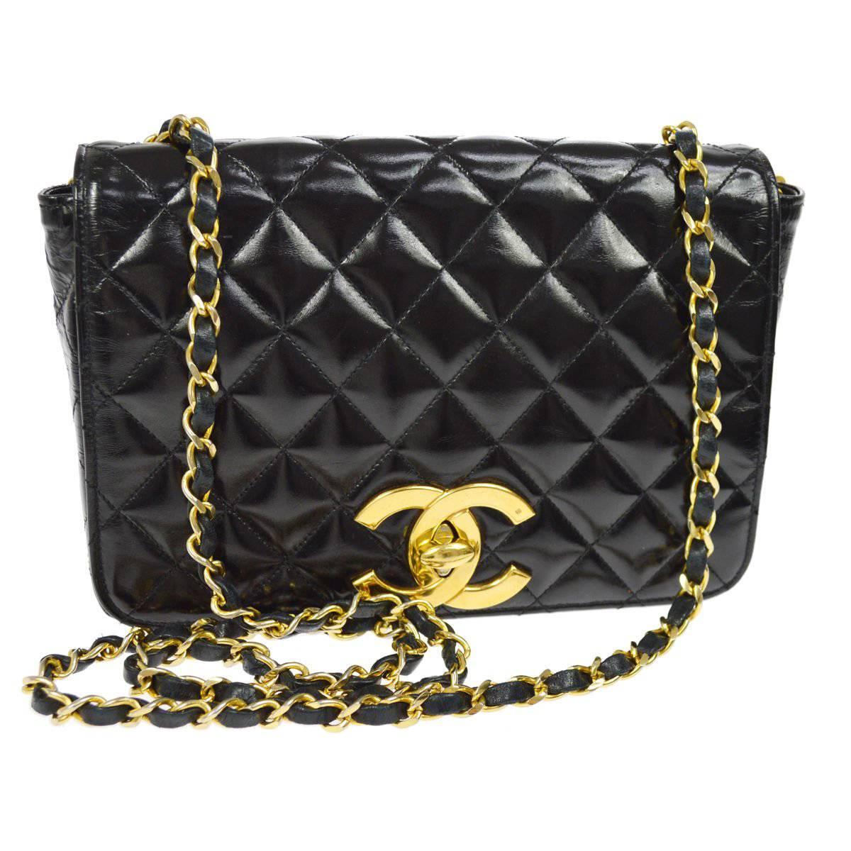 Chanel Vintage Rare Black Gold CC Charm Evening Small Flap Shoulder Bag