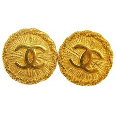 Chanel Vintage Gold Textured Coin Medallion Stud Evening Earrings