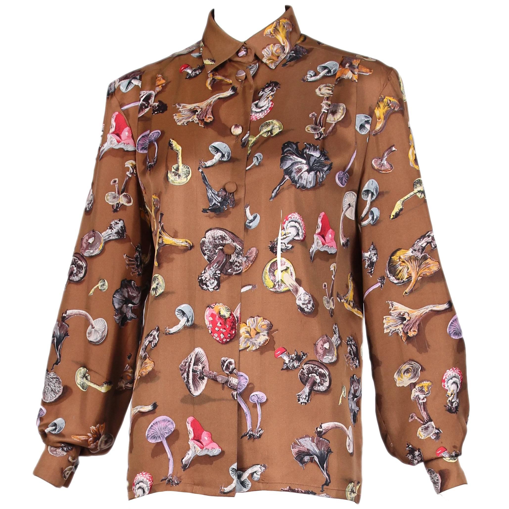 Vintage Hermes Light Brown Champignons Silk Shirt Blouse W/Mushroom Print