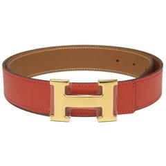 Hermes 32mm Reversible Rouge Grenat/Gold Constance H Belt 85cm Gold Buckle